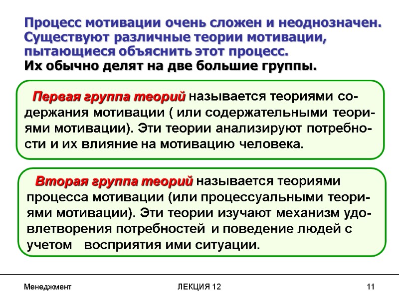 Менеджмент ЛЕКЦИЯ 12 11   Первая группа теорий называется теориями со- держания мотивации